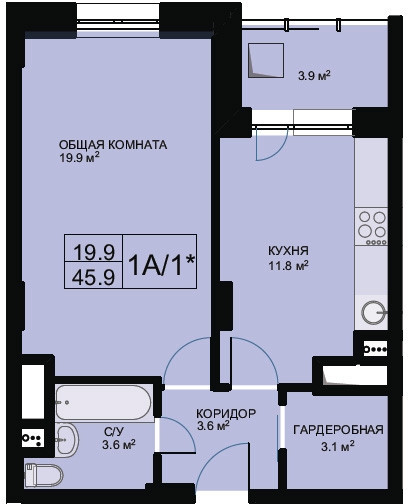Однокомнатная квартира 45.9 м²