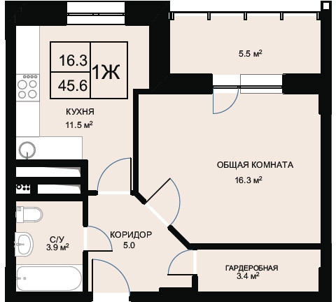 Однокомнатная квартира 45.6 м²