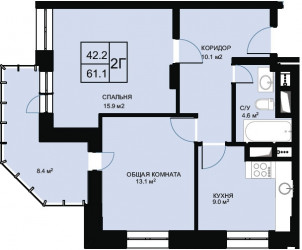 Двухкомнатная квартира 61.1 м²