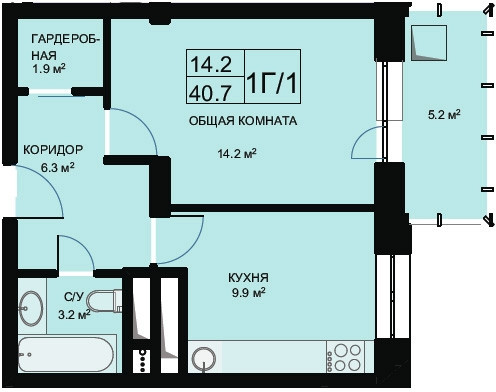 Однокомнатная квартира 40.7 м²