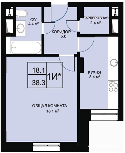 Однокомнатная квартира 38.3 м²
